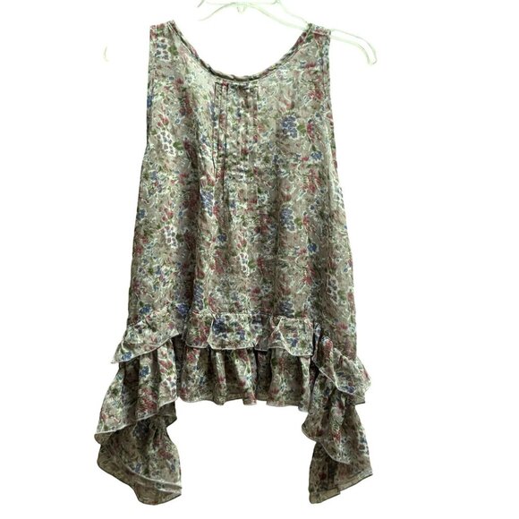 Lumière Floral Ruffle Asymmetric Hem Sheer Sleeveless Pullover Top Feminine Sz M - Picture 5 of 8